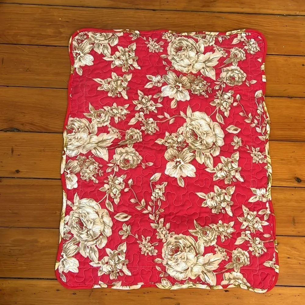 VTG 20x26” Quilted Pillow Sham Victorian Red Tan Garden Rose Print